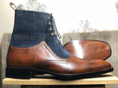 Pre-owned Handmade Men's Leather & Suede Brown Blue Wing Tip Lace Up Ankle High Boots-713 In Two Tone