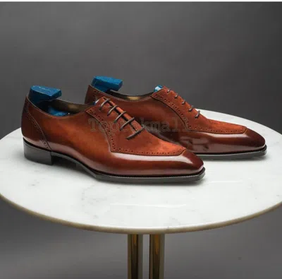 Pre-owned Handmade Men's Leather & Suede Oxfords Wingtip Brown Square Toe Casual Shoes-929