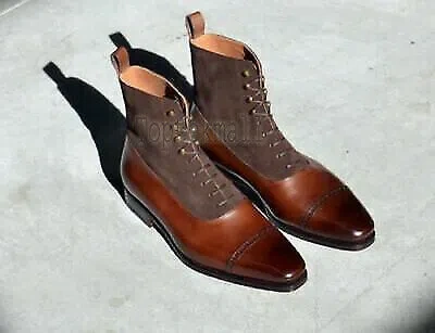 Pre-owned Handmade Men's Leather & Suede Tan Casual Fashion Lace Up Brogue Ankle Boots-635 In Brown