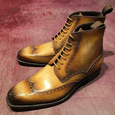 Pre-owned Handmade Men's Leather Ankle High Boots Formal Men Shoes Custom Grade Boots-767 In Yellow