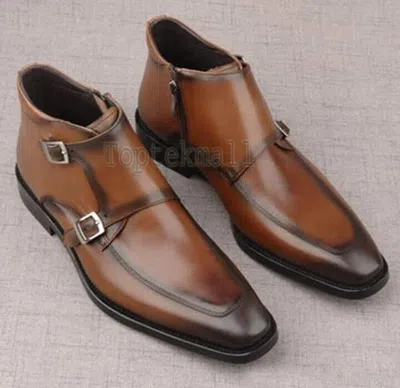 Pre-owned Handmade Men's Leather Apron Toe Chukka Brown Classic Double Strap Boots-567