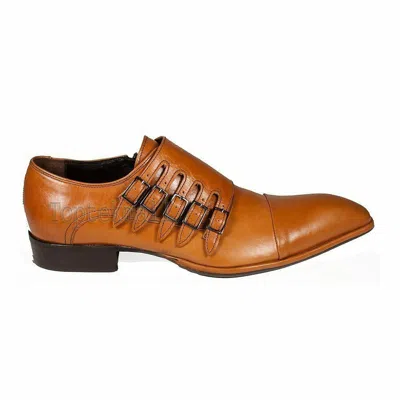 Pre-owned Handmade Men's Leather Beige Color Rounded Toe Five Buckle Strap Monk Shoes-471