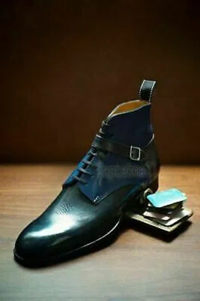 Pre-owned Handmade Men's Leather Black & Blue Jodhpurs Double Strap Ankle Boots-600