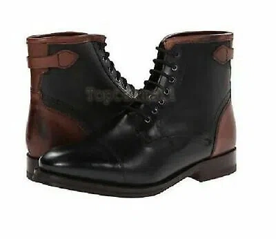 Pre-owned Handmade Men's Leather Black And Brown Lace Up Cap Toe Ankle High Boots-721