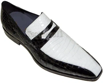 Pre-owned Handmade Men's Leather Black & White Loafers Slip Ons Fashion Stylish Shoes-673