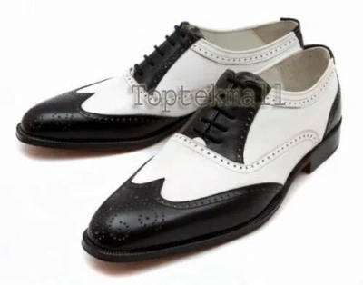 Pre-owned Handmade Men's Leather Black And White Oxfords Wingtip Stylish Fashion Shoes-406