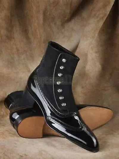 Pre-owned Handmade Men's Leather Black Ankle High Buttoned Custom Made Boots-420