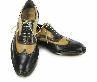 Pre-owned Handmade Men's Leather Black Beige & Brown Oxford Brogue Dress Wingtip Shoes-959