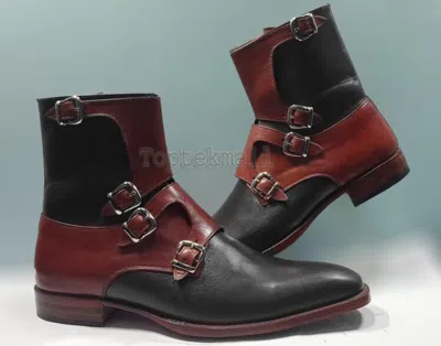 Pre-owned Handmade Men's Leather Black Brown Four Straps High Ankle Stylish Boots-620