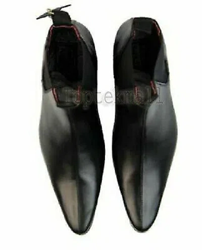 Pre-owned Handmade Men's Leather Black Chelsea Ankle High Formal Casual Wear Boots-613