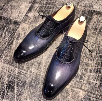 Pre-owned Handmade Men's Leather Black Purple Patina Oxfords Custom Formal Dress Shoes-974