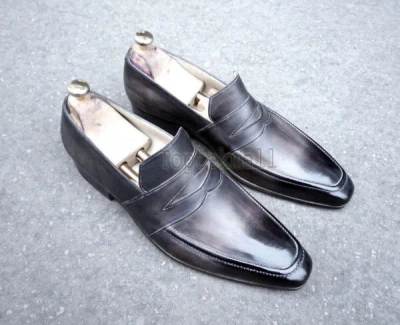 Pre-owned Handmade Men's Leather Black Stylish Fashion Classic Loafers Slip Ons Shoes-1003