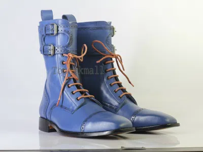 Pre-owned Handmade Men's Leather Blue Color Monk Stylish Ankle High Stylish Boots-539
