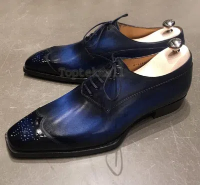 Pre-owned Handmade Men's Leather Blue Color Oxfords Wingtip Stylish Dress Formal Shoes-666
