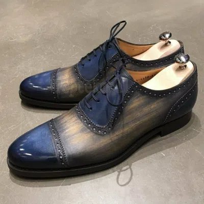 Pre-owned Handmade Men's Leather Blue Patina Oxfords Custom Premium Quality Shoes-481 In Two Tone