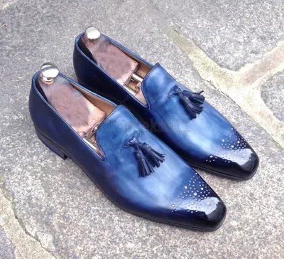 Pre-owned Handmade Men's Leather Blue Stylish Fashion Classic Loafers & Slip Ons Shoes-297