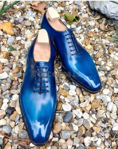 Pre-owned Handmade Men's Leather Blue Stylish Oxfords Dress Latest Formal Casual Shoes-306