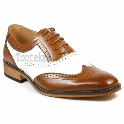 Pre-owned Handmade Men's Leather Brogue Oxfords Top Quality Two Tone Luxury Shoes-818 In White & Brown