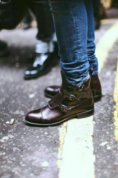 Pre-owned Handmade Men's Leather Brown 3-buckle Chelsea Fashion Ankle High Boots-555