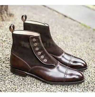 Pre-owned Handmade Men's Leather Brown Button Ankle High Fashion Dress Stylish Boots-712