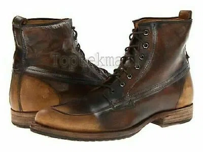 Pre-owned Handmade Men's Leather Brown Distressed Lace Up Military High Ankle Boots-591
