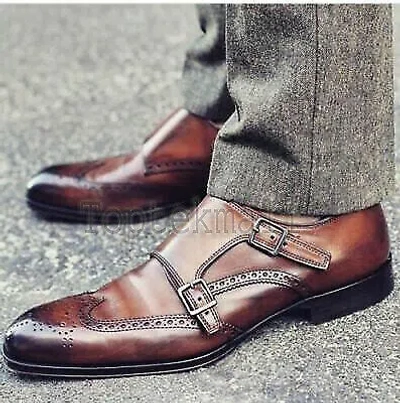Pre-owned Handmade Men's Leather Brown Double Monk Strap Oxford Brogue Wingtip Shoes-12