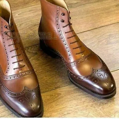 Pre-owned Handmade Men's Leather Brown Dress Ankle Oxford Brogue Chelsea Boots-558