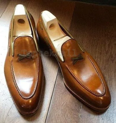 Pre-owned Handmade Men's Leather Brown Dress Luxury Moccasins Formal Slip On Shoes-64