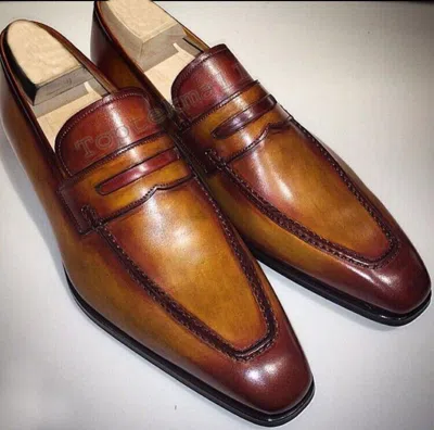 Pre-owned Handmade Men's Leather Brown Fashion Loafers Slip Ons Dress Stylish Shoes-437