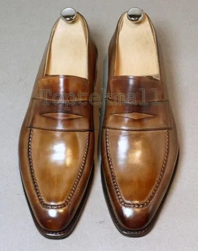 Pre-owned Handmade Men's Leather Brown Formal Casual Dress Loafers & Slip Ons Shoes-667