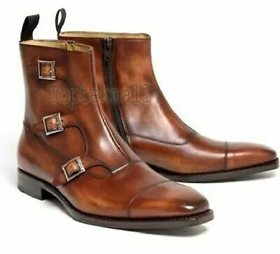 Pre-owned Handmade Men's Leather Brown Leather Triple Monk Cap Tow Side Zipper Boots-599