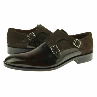 Pre-owned Handmade Men's Leather Brown Magnificent Rounded Toe Monk Straps Shoes-703