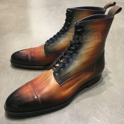 Pre-owned Handmade Men's Leather Brown Patina Ankle High Fashion Formal Fashion Boots-967