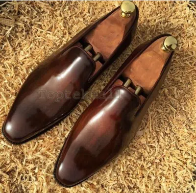 Pre-owned Handmade Men's Leather Brown Patina Loafer & Slip Ons Custom Made Shoes-966