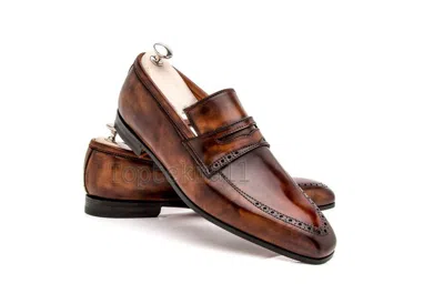 Pre-owned Handmade Men's Leather Brown Patina Loafers Slip On Designing Fashion Shoes-56