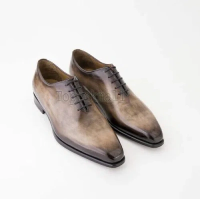Pre-owned Handmade Men's Leather Brown Patina Whole Cut Oxfords Dress Shoes-968