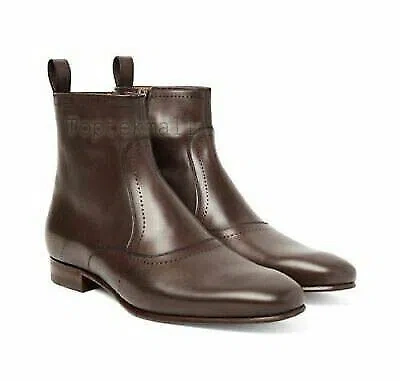 Pre-owned Handmade Men's Leather Brown Pure Leather Zip Up Custom Made Boots-719