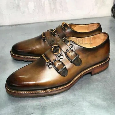 Pre-owned Handmade Men's Leather Brown Shaded Double Monk Straps Dress Stylish Shoes-638