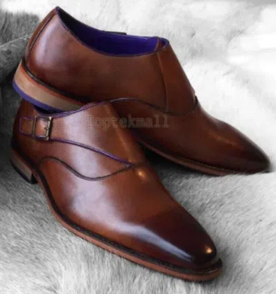 Pre-owned Handmade Men's Leather Brown Single Monk Strap Cap Toe Office Dress Shoes-678
