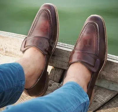 Pre-owned Handmade Men's Leather Brown Stylish Moccasins Loafers & Slip On Formal Shoes-37