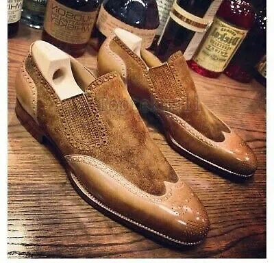Pre-owned Handmade Men's Leather Brown Suede Wing Tip Slip On Loafers Dress Shoes-231