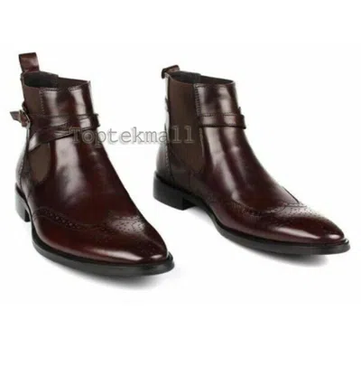 Pre-owned Handmade Men's Leather Brown Super Dress Stylish Brogue Top Quality Boots-770