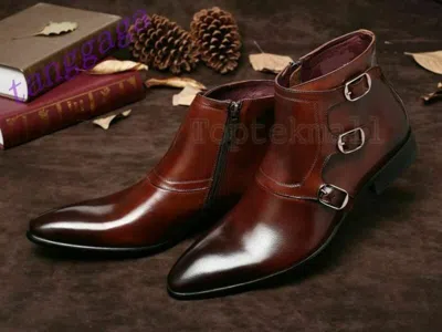 Pre-owned Handmade Men's Leather Brown Triple Monk Ankle High Buckle Boots-710