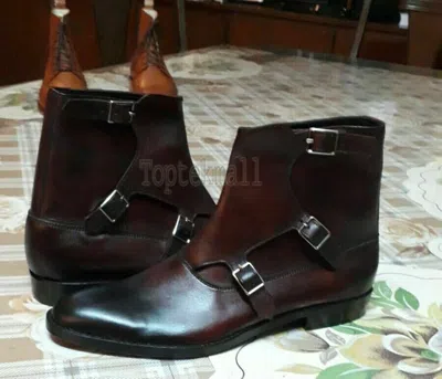 Pre-owned Handmade Men's Leather Brown Triple Monk Straps Fashion Ankle High Boots-553