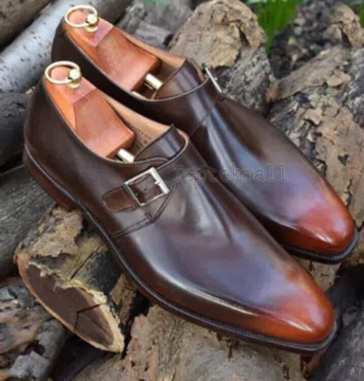Pre-owned Handmade Men's Leather Brown Two Tone Single Monk Strap Formal Dress Shoes-42