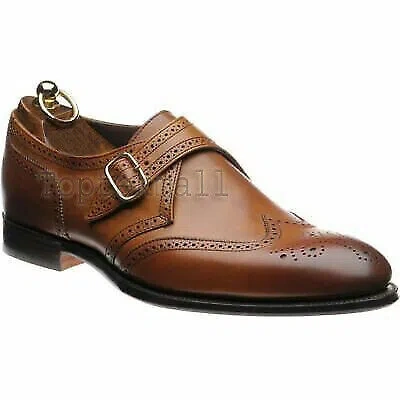 Pre-owned Handmade Men's Leather Brown Wingtip Stylish Monk Straps Dress Stylish Shoes-368