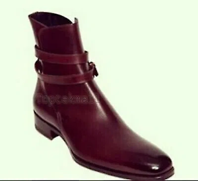 Pre-owned Handmade Men's Leather Burgundy Ankle High Jodhpur Casual Boots-668 In Red