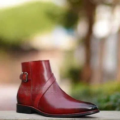 Pre-owned Handmade Men's Leather Burgundy Jodhpurs Ankle High Stylish Luxury Boots-535 In Red
