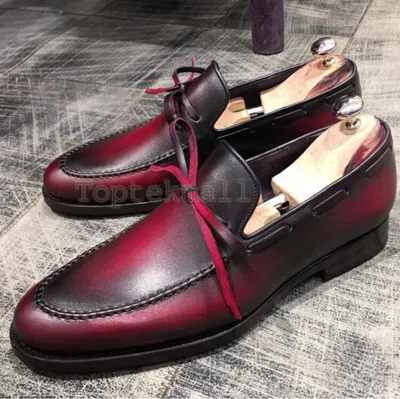 Pre-owned Handmade Men's Leather Burgundy Loafers Slip Ons Spring Casual Stylish Shoes-220 In Red