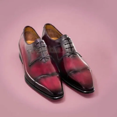 Pre-owned Handmade Men's Leather Burgundy Patina Oxfords Formal Dress Premium Shoes-969 In Red